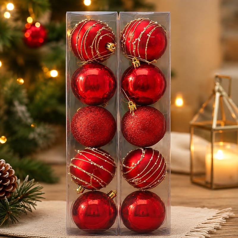 Kit 10 Bolas de Natal Vermelhas 7 cm para Árvore de Natal – Enfeites Natalinos Decorativos com Acabamentos Variados, Brilho e Detalhes Dourados para Decoração Natalina