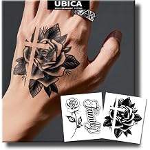 Semi Permanent Tattoo, 2 Sheets Realistic Temporary Hand Tattoos for Women, Lasts 2 Weeks Fake Tattoos for Hand Wrist, Waterproof Non-Reflective, Cross Rose & Rose Quotes Tattoos