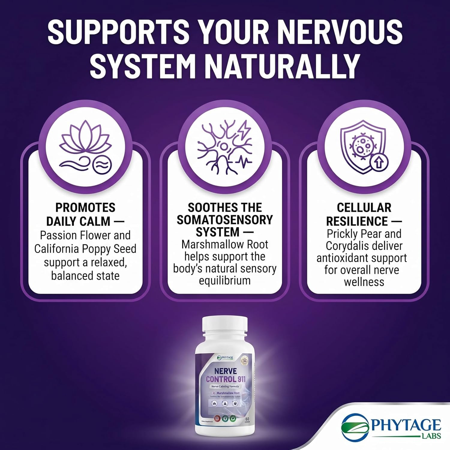 Nerve Control 911 – Advanced Botanical Nerve Support Supplement with Passion Flower, Marshmallow Root and Corydalis – Promotes Daily Calm and Central Nervous System Wellness – 60 Capsules