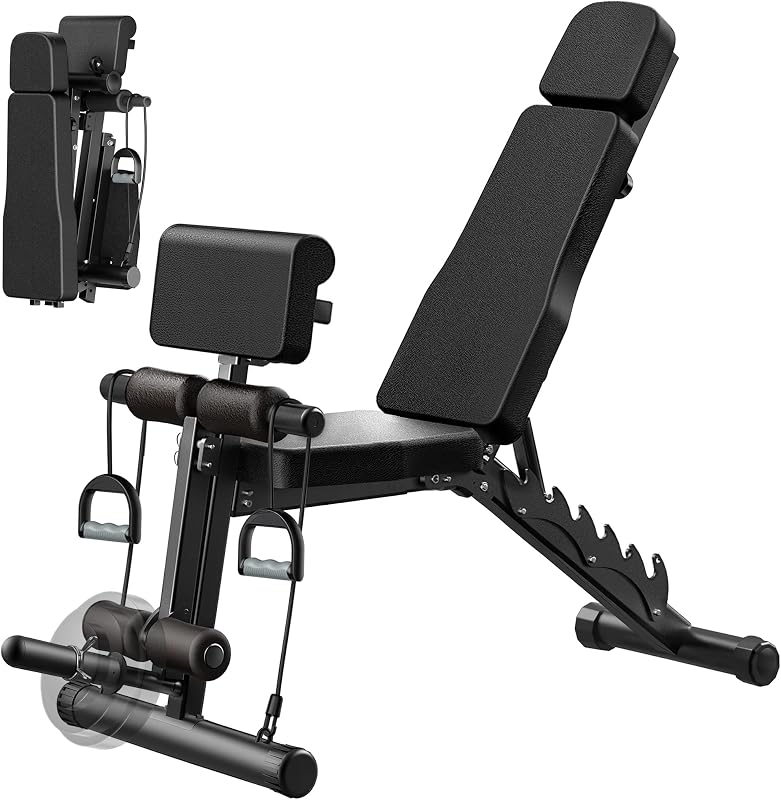 VUSIGN Banco de entrenamiento ajustable, banco de pesas para gimnasio en casa, banco de rizo predicador con extensión de pierna para entrenamiento de cuerpo completo, equipo de banco plegable inclinado plano para sentarse para prensa de banco ejercicio con mancuernas con ruedas