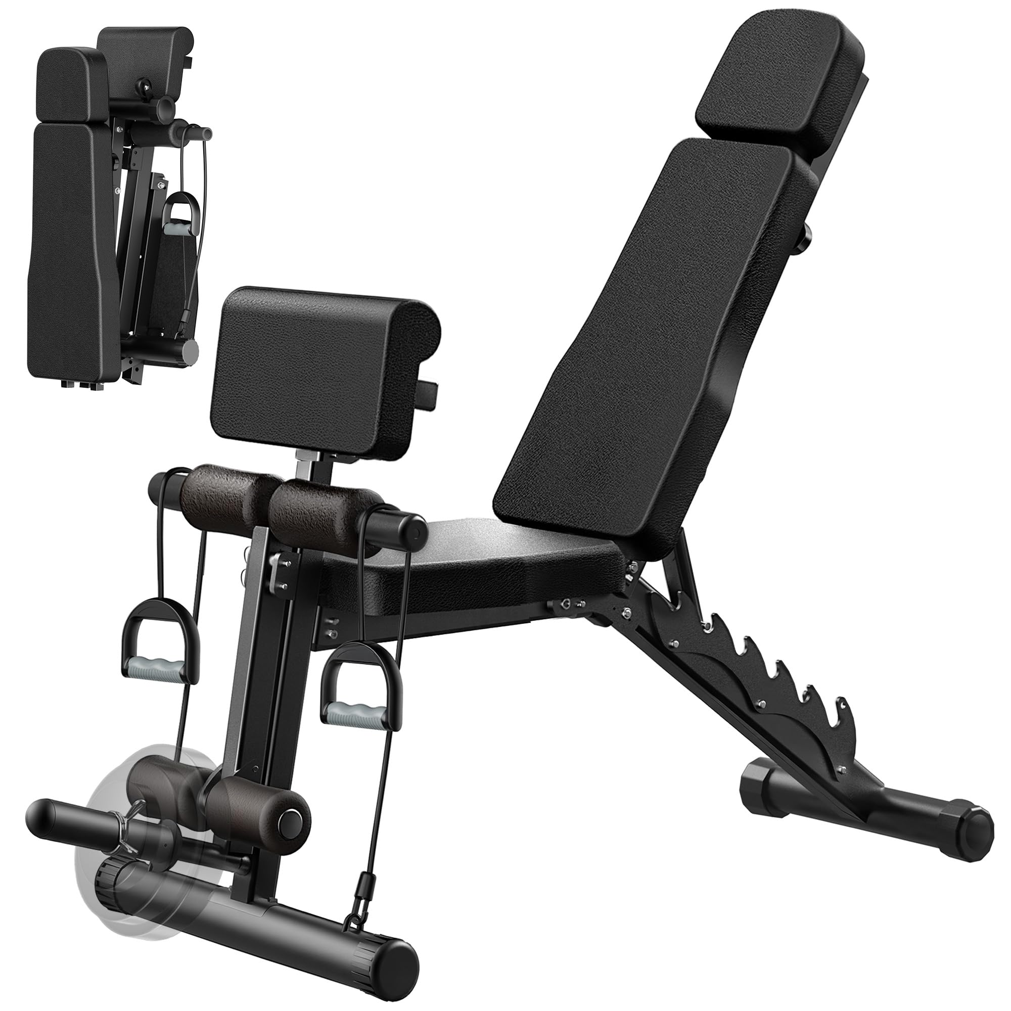 Adjustable Workout Bench, Weight Bench for Home Gym, Preacher Curl Bench with Leg Extension for Full Body Training Fitness, Foldable Incline Flat Decline Sit Up Bench Equipment for Bench Press Dumbbell Exercise with Wheels