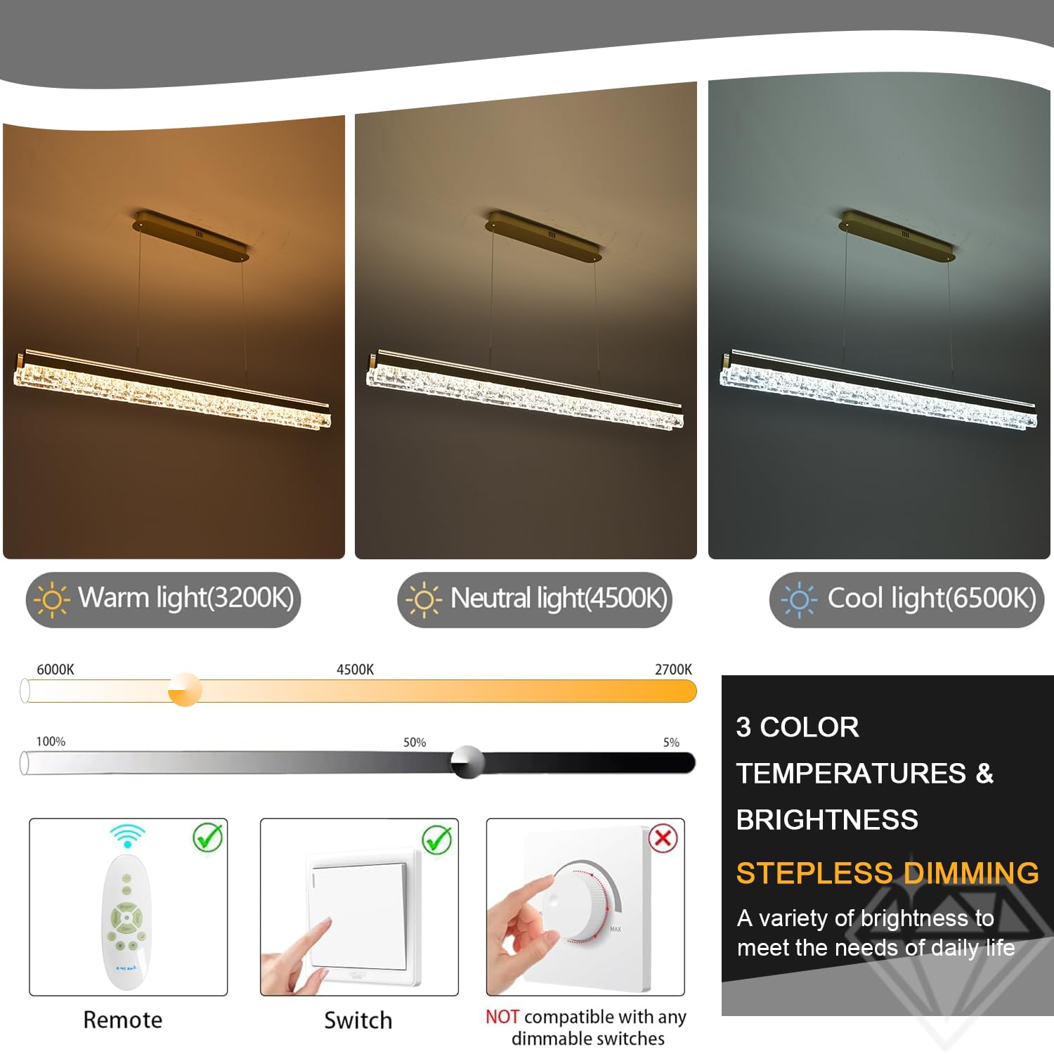 Goldene LED Pendelleuchte Moderner Kronleuchter Linear Kristall Esstischlampe Hängend Kücheninselbeleuchtung Minimalistische Dimmbare Deckenleuchte für Esszimmer mit Fernbedienung