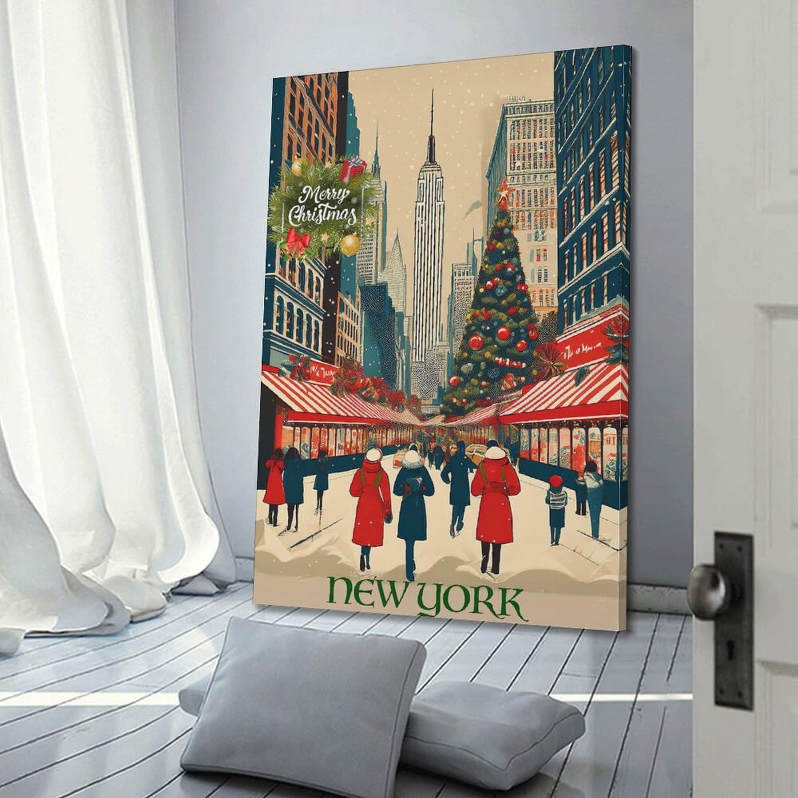 CWLLOG Stampa artistica da parete su tela, poster natalizio a New York, mercato della neve, festival urbano, decorazione moderna per soggiorno e camera da letto, 40 x 60 cm