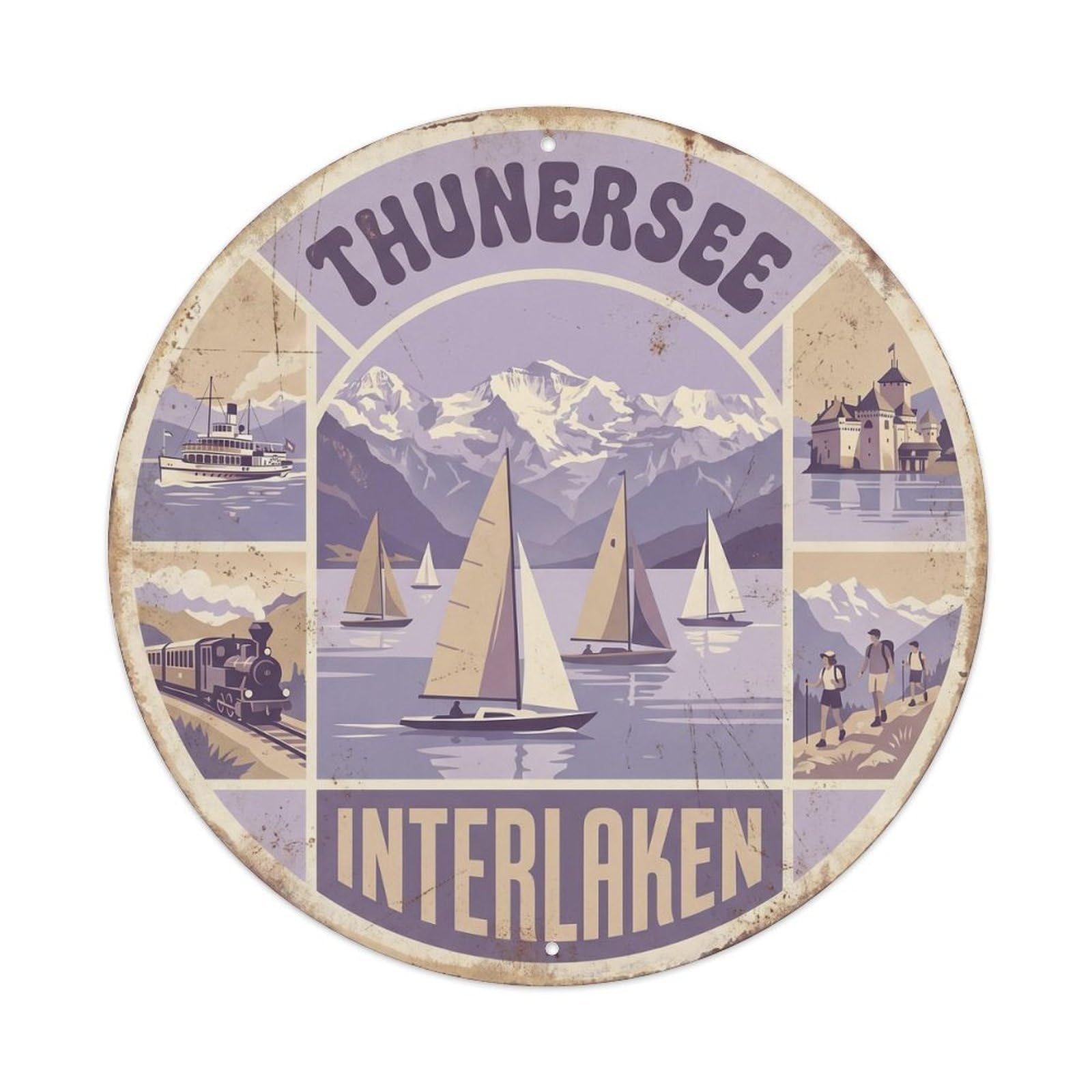 Vintage Travel Thun Lake Artwork Metal Tin Sign Plaque Wall Decor for Cafe, Club, Garden Round Metal Poster 8x8Inch