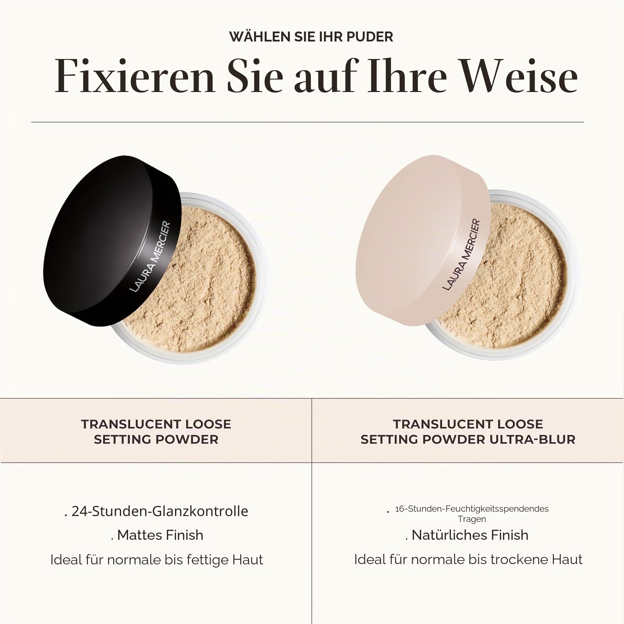 Laura Mercier Translucent Loose Talc-Free Setting Powder - Ultra-Blur, 16 Std. feuchtigkeitsspendender Halt, natürliches Finish, mit Hyaluronsäure, für normale bis trockene & reife Haut