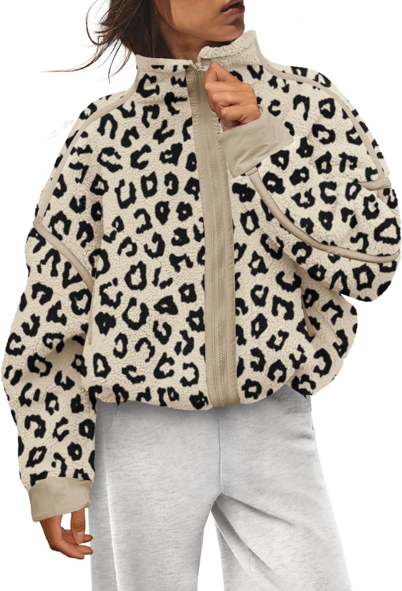 Zip up Fleece Jacket Women Oversized Mock Neck Sherpa Sweatshirt Striped Long Sleeve Pullover with Pockets