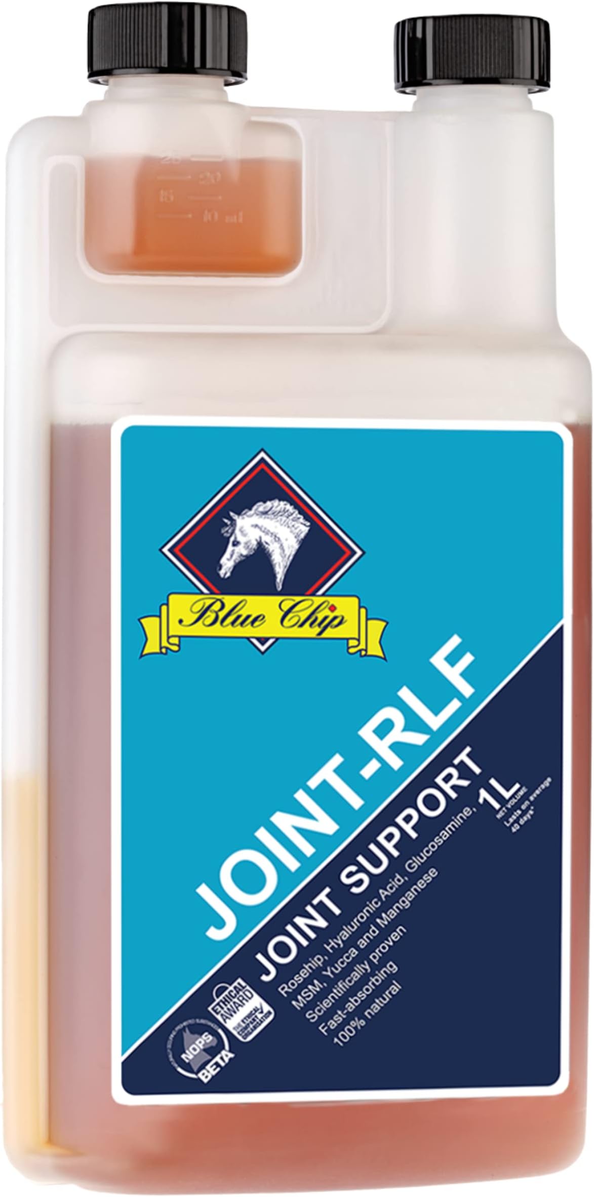 Blue Chip Feed Joint RLF Liquid Joint Supplement for Horses 1 litre. Contains Glucosamine HCL, MSM, Hyaluronic acid (HA), Rosehip extract, Organic Manganese Chelate, Yucca & Vitamin C.