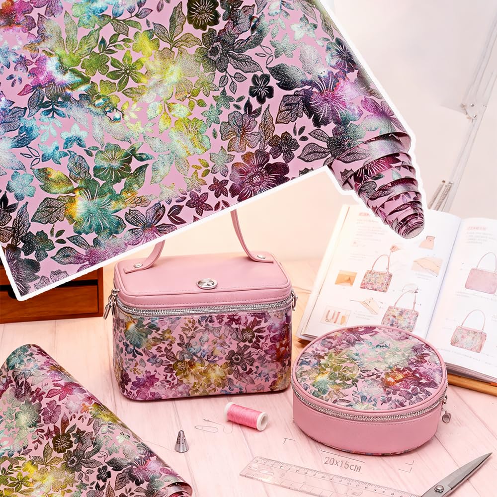 Tela de piel sintética floral colorida de 16 x 54 pulgadas para manualidades, tela sintética de piel sintética estampada para estuche de maquillaje, bolsos, bolsos, proyectos de reparación de