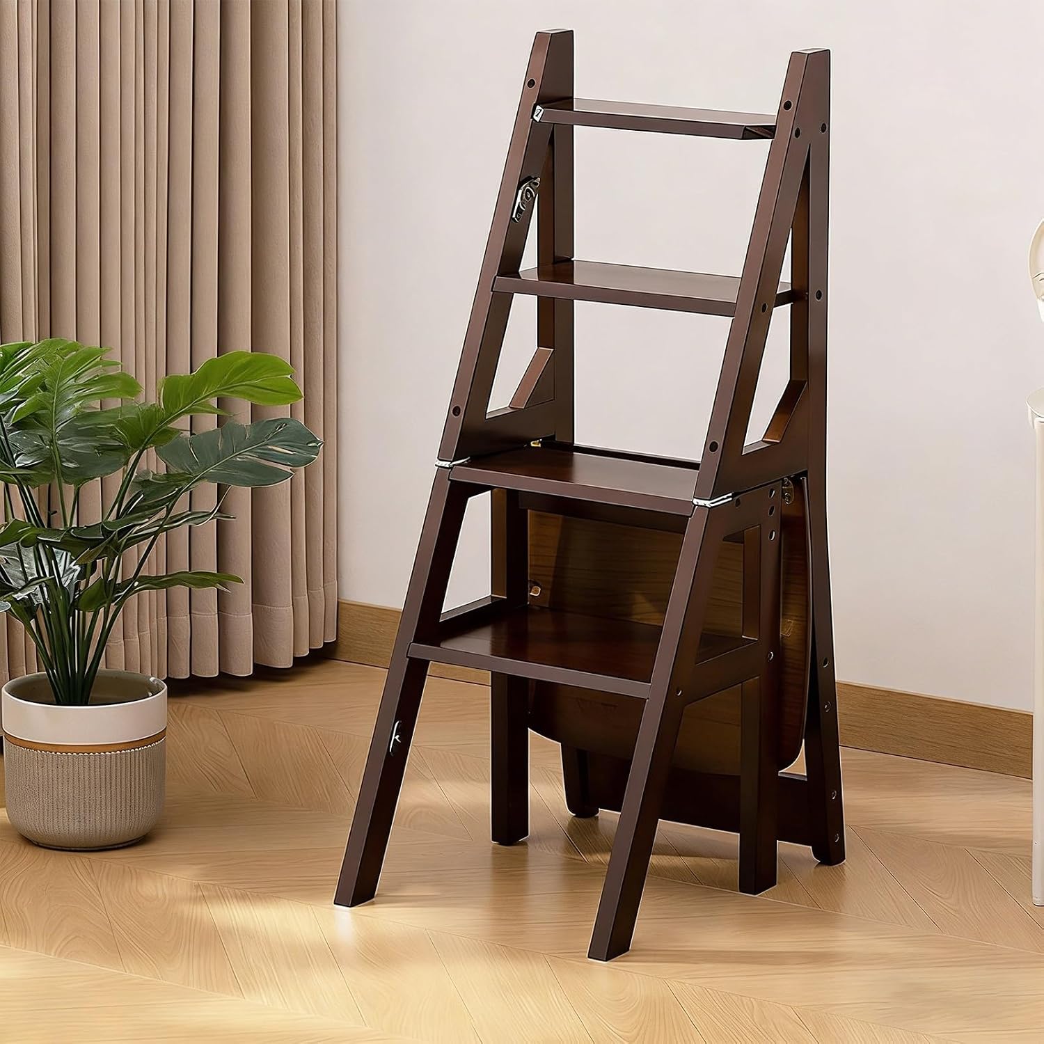 Solid Wood Folding Library Ladder Chair, 4-Step Folding Portable Wooden Step Stool, for Kitchen Bathroom Office Indoor Stepladder Shoe Bench/Flower Rack(Dark Walnut Color,A)