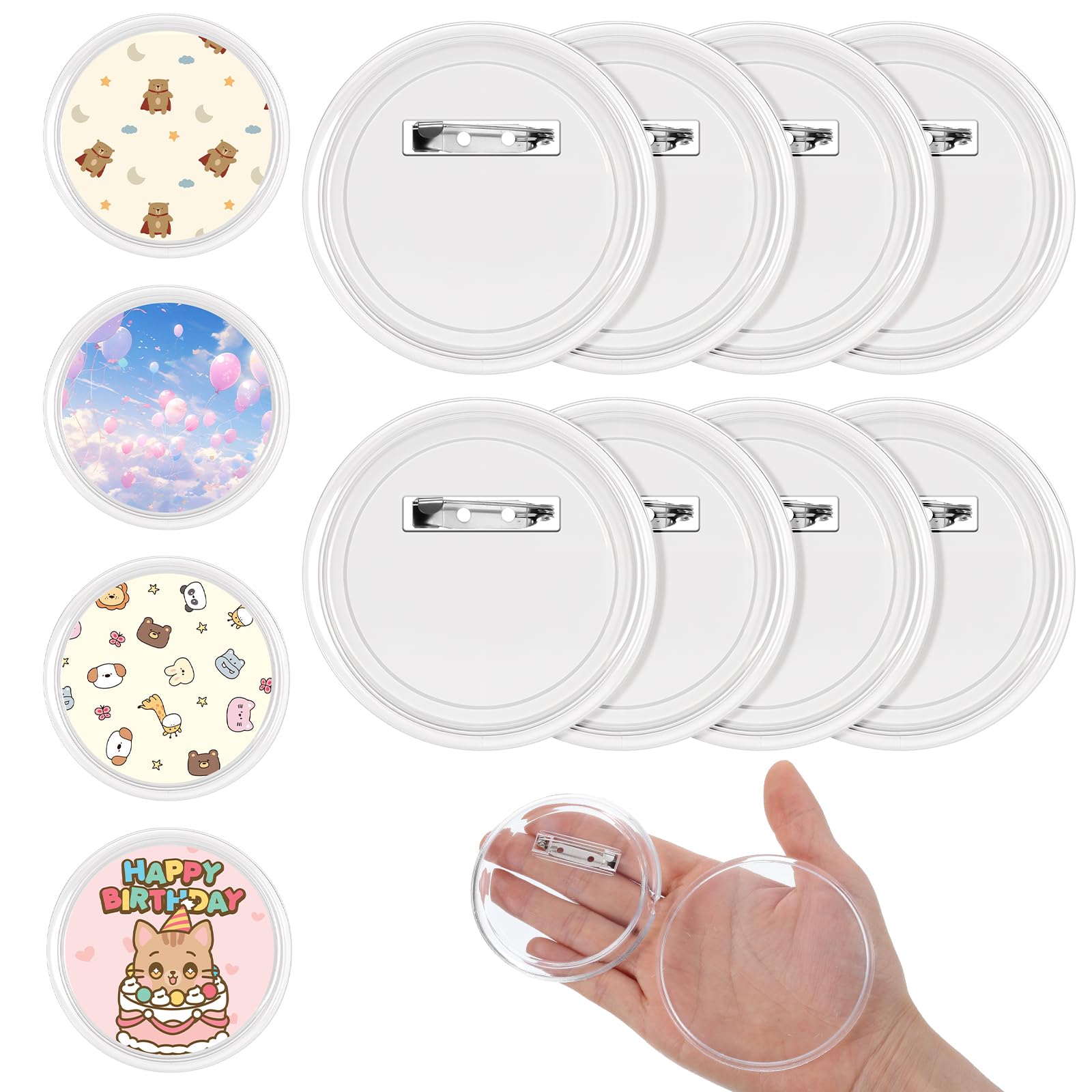 Tyqour 8 Pack Button Pins, Custom Button Pins, Clear Buttons for Crafts Kit with Blank Round Paper, DIY Photo Badge for Backpacks, Jackets, Hats, Gifts