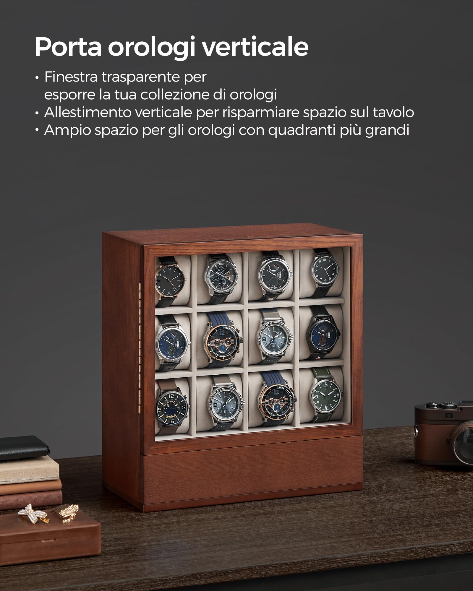 SONGMICS Porta Orologi a 12 Posti, con Finestra, Impiallacciatura in Legno