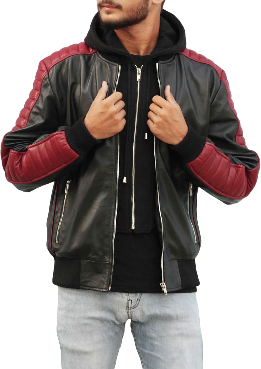 Men's Leather Bomber Jacket | Hooded Leather Jacket | Miami The Fall Ryan Gosling Guy 2024 Vice Stunt Team Jacket