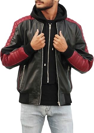 Mens Leather Bomber Jacket | Hooded Leather Jacket | Miami The Fall Ryan Gosling Guy 2024 Vice Stunt Team Jacket