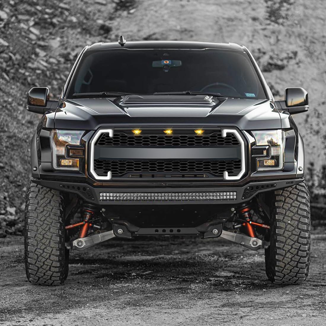 EOMD Raptor Style Front Bumper Grill Compatible with 2015 2016 2017 F150 W/DRL & Turn Signal Lights Matte Black