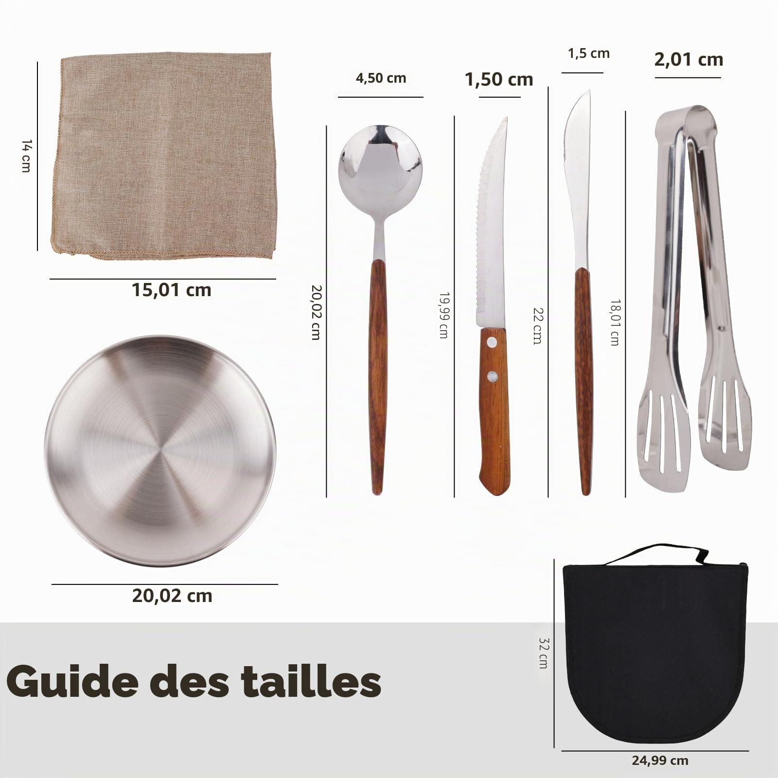 Set de vaisselle de camping pour 2 personnes, 12 pièces, en acier inoxydable, couverts de pique-nique, poches de couverts portables, manches à rayures en bois, nappe de table à manger