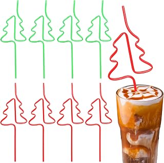 Whaline 50Pcs Christmas Plastic Straws Red Green Christmas Tree Drinking Straws Xmas Crazy Loop Straws for Beverages Cocktail Decorations