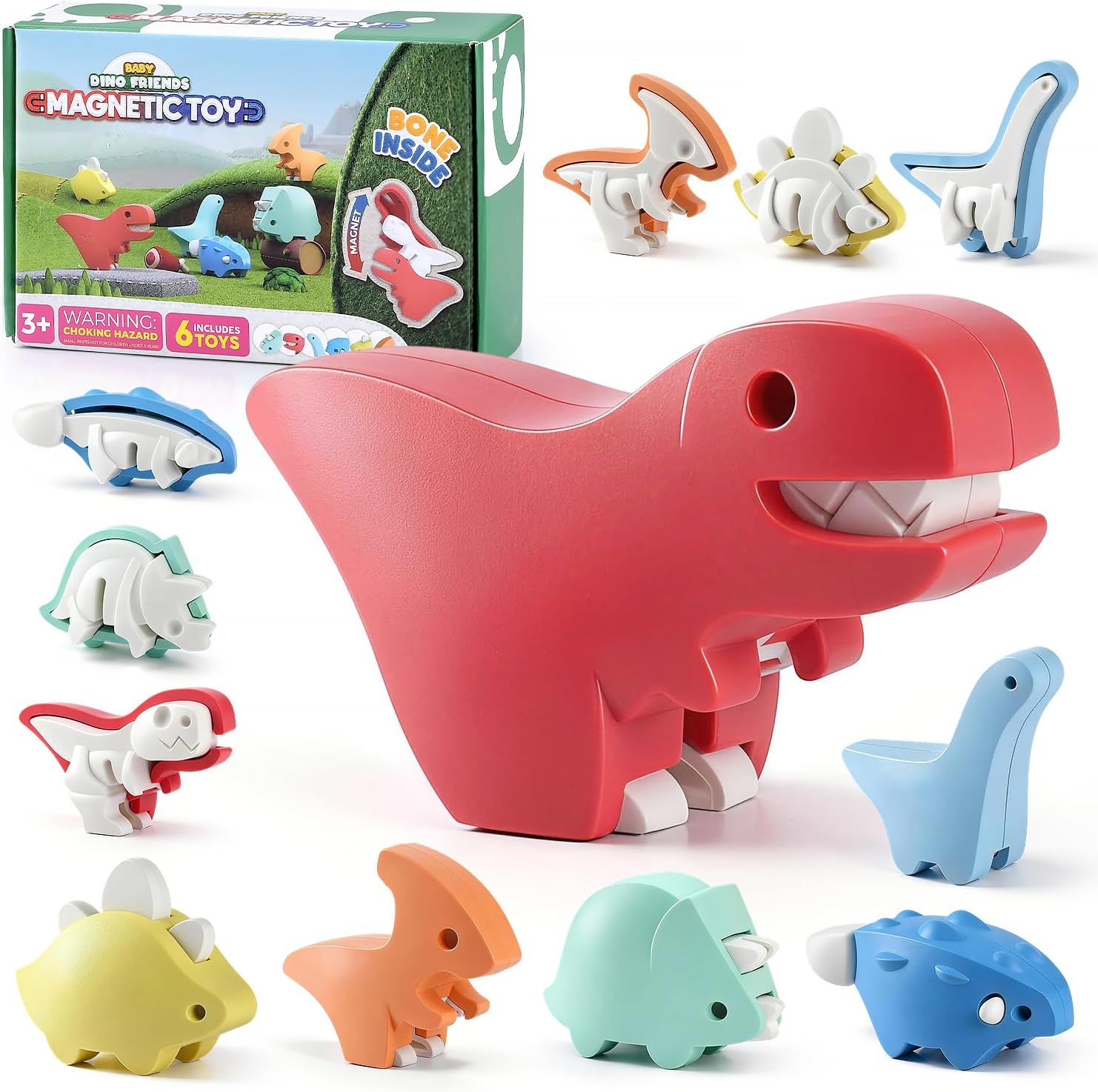 3D Magnetic Animals Toys for Kids 3-5, 6 Pcs Magnetic Animals Puzzles for Toddlers with Dinosaurs, Learning Educational Montessori Toys Gifts for Kids 3 4 5 6 7 8