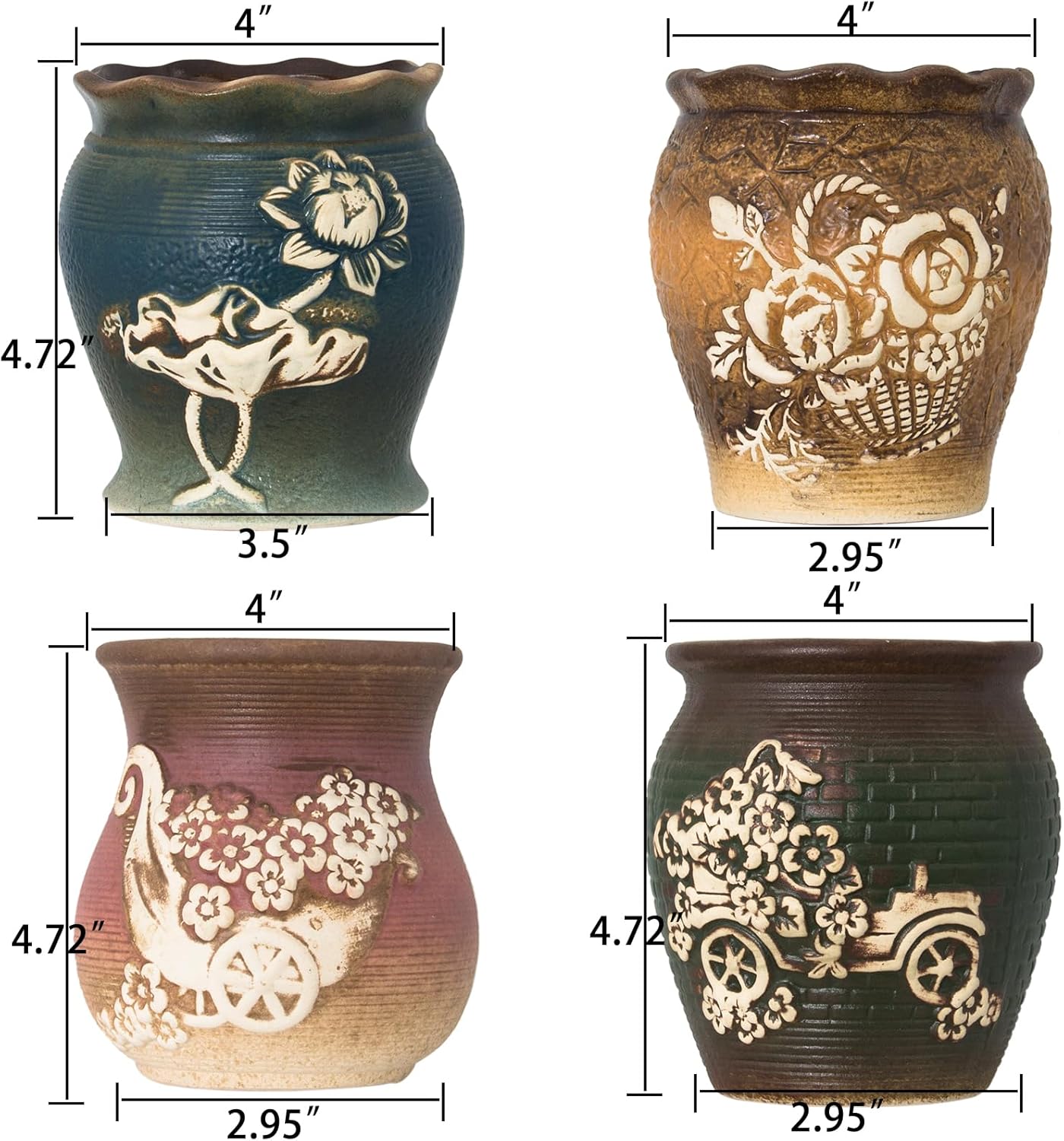 ARTKETTY 4 Inch Ceramic Plant Pots with Drainage Hole Set of 4, Vintage Flower Pots with Bamboo Trays Small Planters for Indoor Cactus, Herbs and Succulent Plants Decorative Garden Home