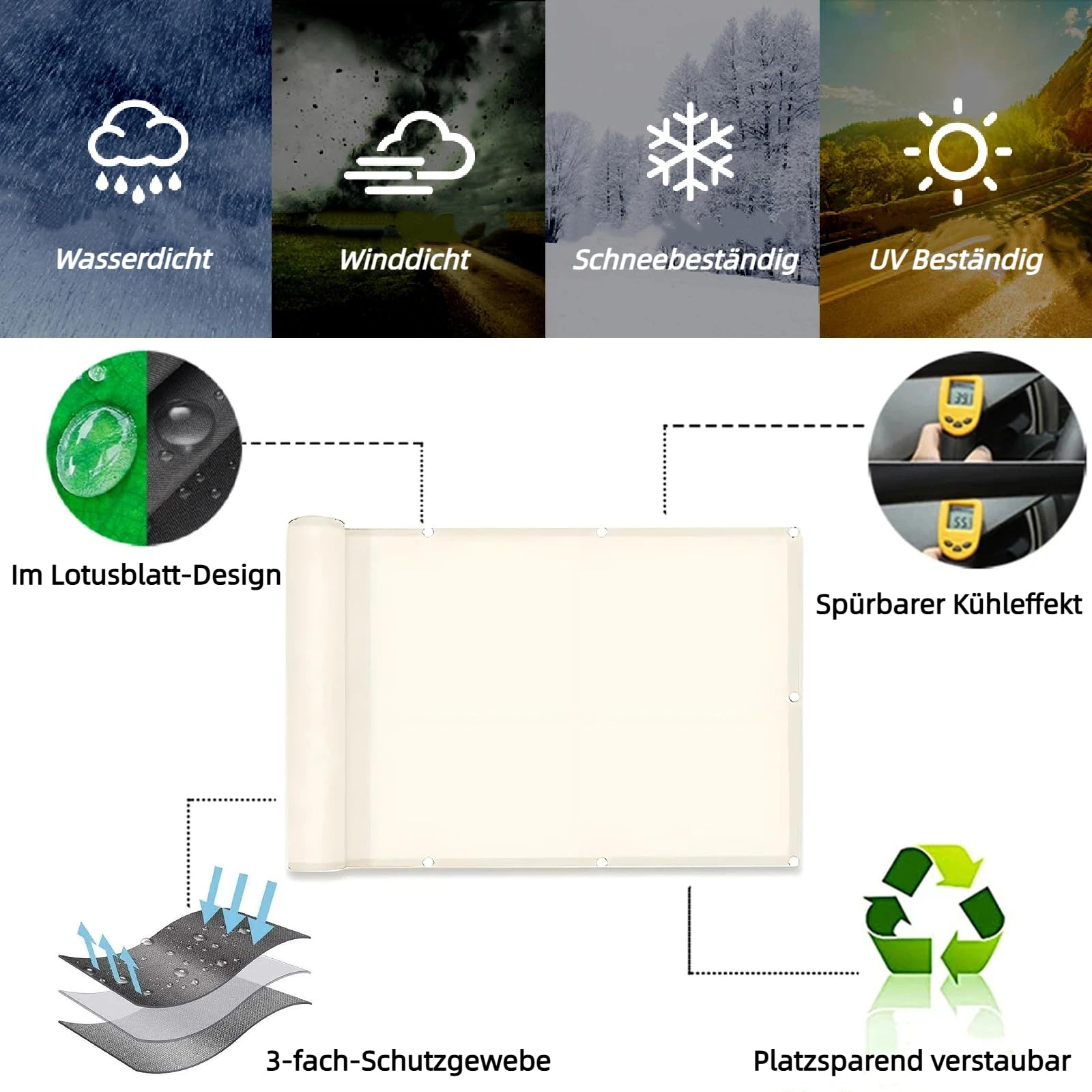 Sonnensegel Wasserdicht mit ösen 1x5m Rechteckig Windschutz und 98% UV-Schutz Reißfest Polyester Markisenstoff Sonnenschutz Balkon Mit Seil für Garten Terrasse Und Hellgrau Beige