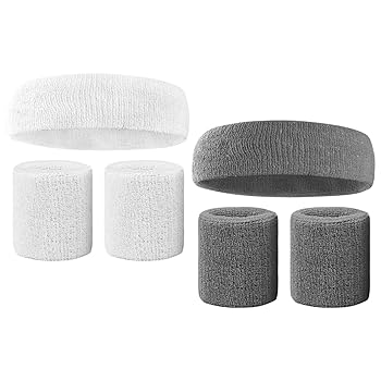 2 Sets Sweat Band, Sports Headband and Wrist Sweatbands, Sweatbands Set for Basketball Fitness Yoga Running Tennis (White, Grayï¼‰