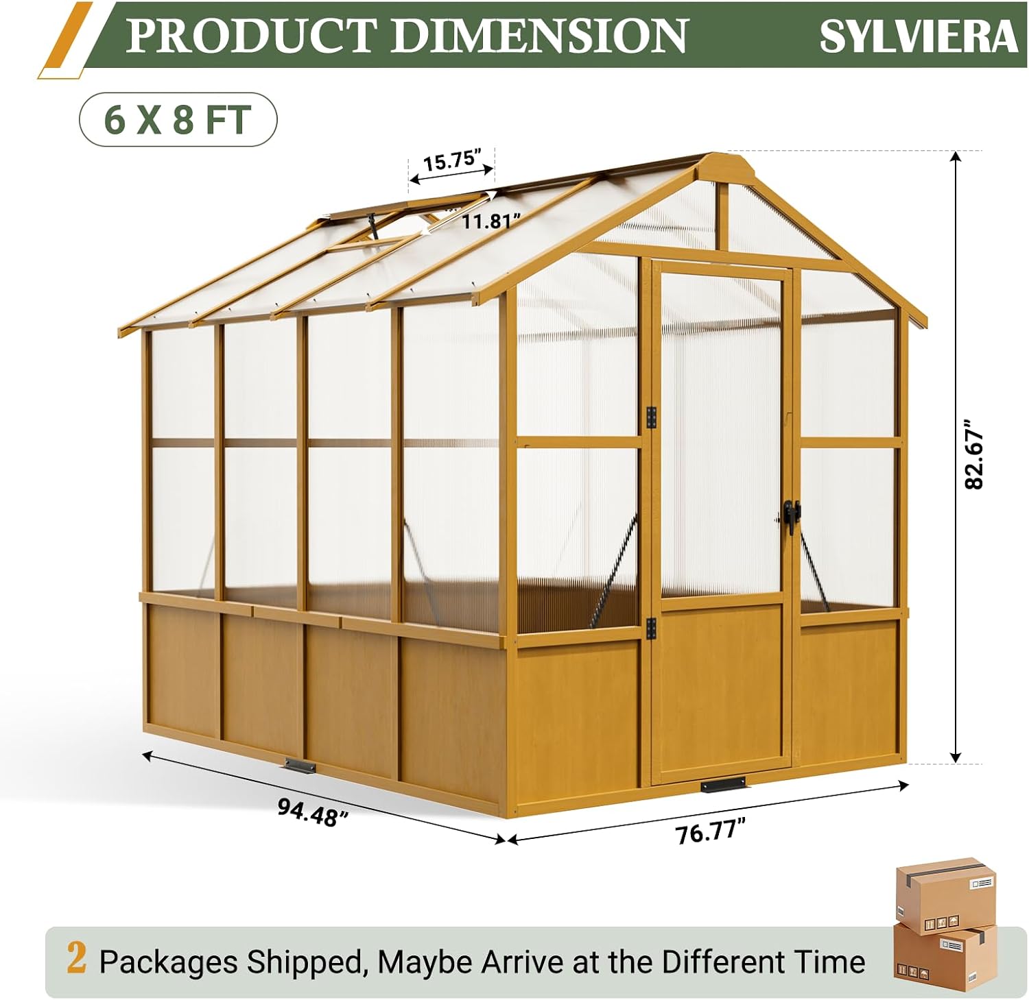 6×8 FT Wooden Walk-in Greenhouse with Adjustable Roof, Heavy-Duty Solid Wood Frame, 6mm Polycarbonate Panels, UV Protection & Ventilated ，Garden Greenhouse for Outdoor Plant Growing
