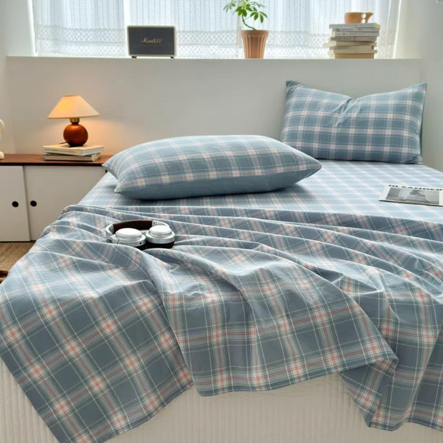 100% Cotton Gingham Sheets 3 Piece Bedding with 1 Flat Sheet & 2 Pillowcases Kids Girls Boys Teens Soft Comfy Bed Sheet for Home School College Gift(Blue Gingham,Toddler 47‘’x91'')