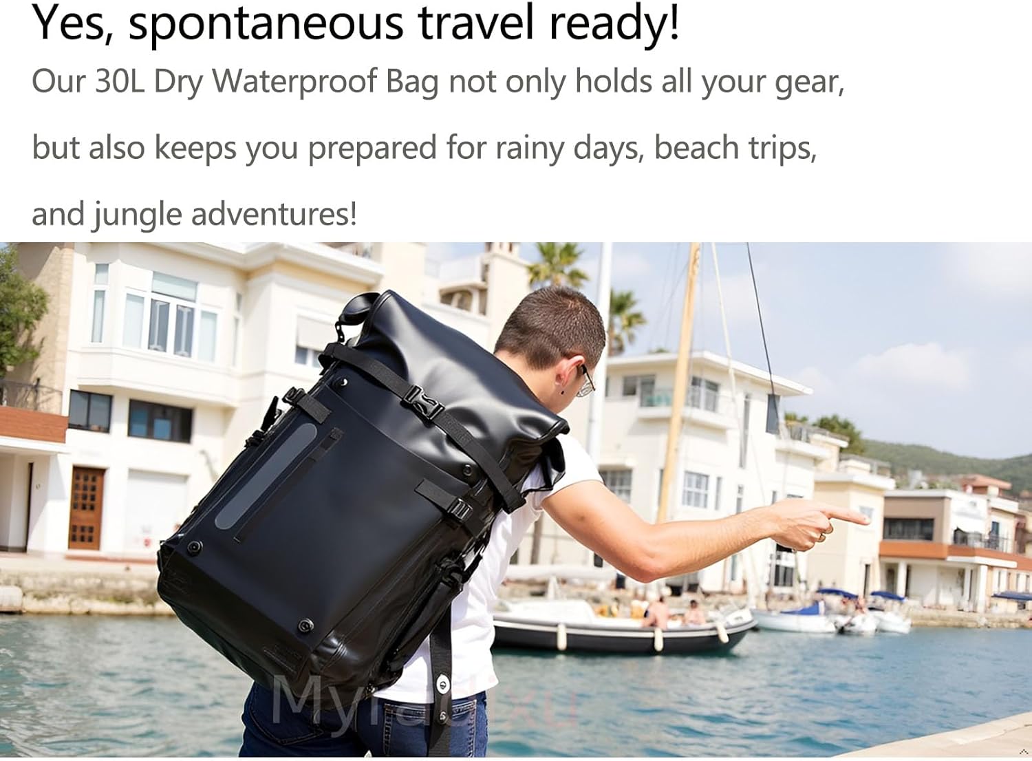 Black 30L Waterproof Backpack - Roll Top Dry Bag for Kayaking, Hiking, Fishing | Floating & Submersible Outdoor Gear - Image 2