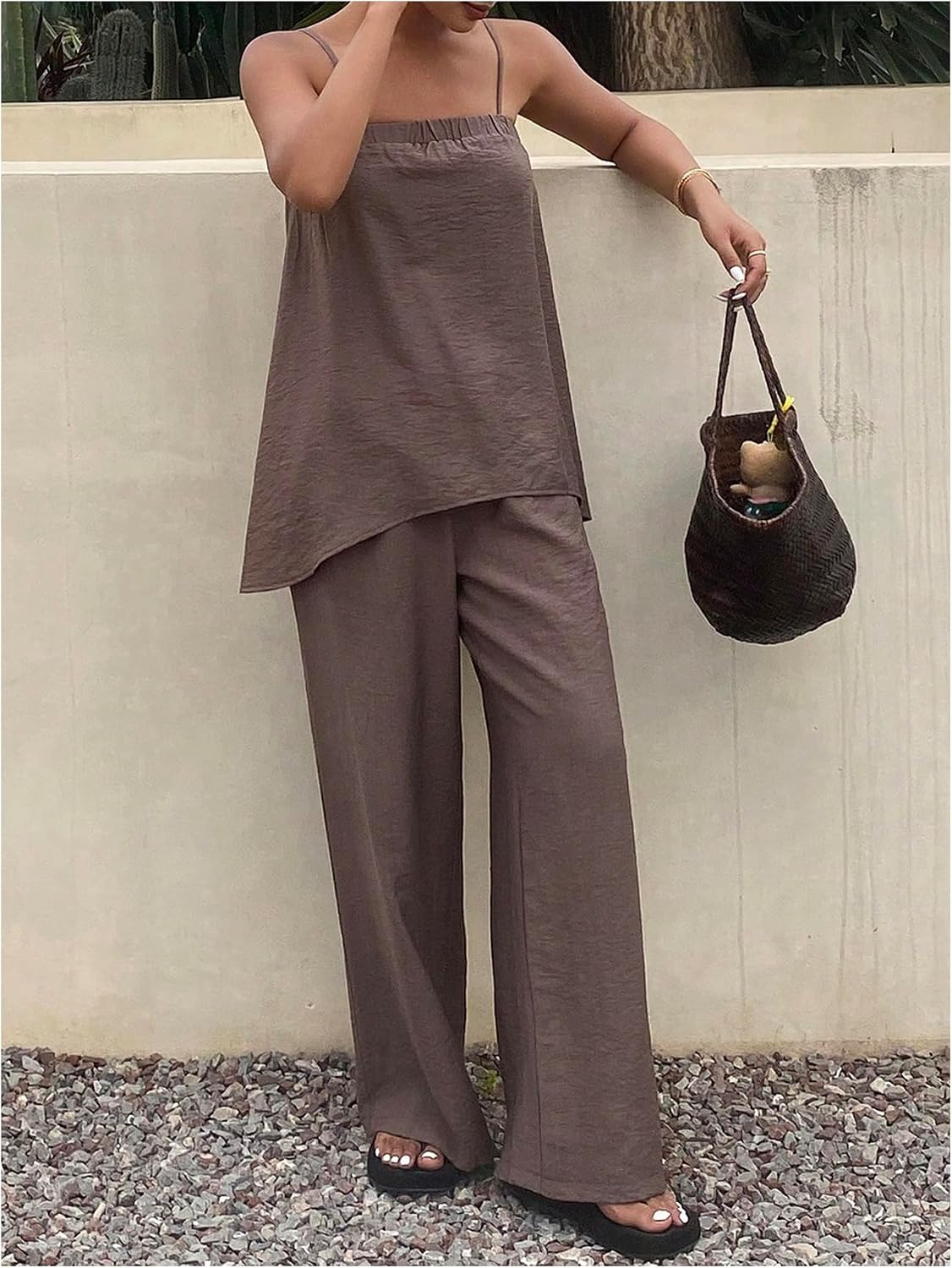 Verdusa Women's 2 Piece Linen Sets Flowy Cami Tops with Wide Leg Pants Boho Vacation Outfits