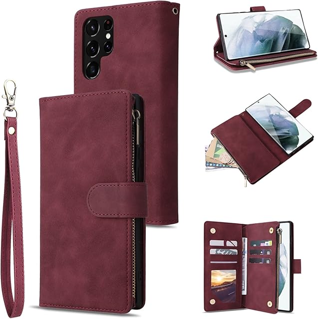 L-FADNUT for Samsung Galaxy S22 Ultra 5G Flip Wallet Leather Case with Card Holder Phone Stand Trifold Silicone Bumper Cover with Lanyard Strap Magnetic for Samsung S22 Ultra Red