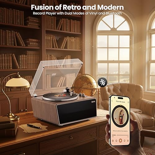 Miniatura 4 de Tocadiscos de vinilo todo en uno, tocadiscos Bluetooth integrado con 4 altavoces estéreo, preamplificador de teléfono, tocadiscos de alta fidelidad