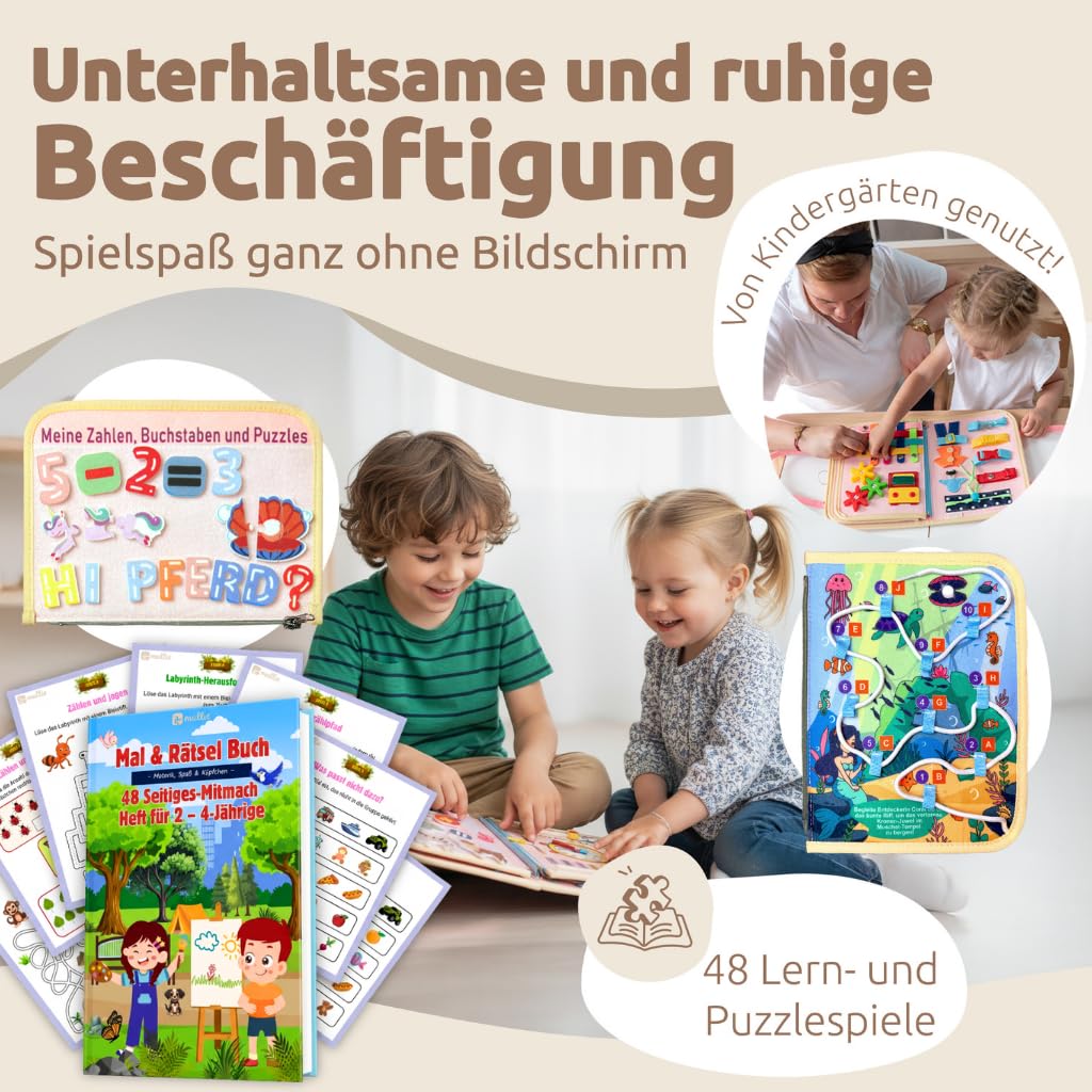 Mallie® Montessori Busy Board ab 1 2 3 4 Jahren inkl. Gratis Mal & Rätsel 48-Seiten Heft mit Rollenspiel-Set & Fingerpuppen Lernbuch - Feinmotorik & Konzentration Quiet Book, Activity Board Quiet Book