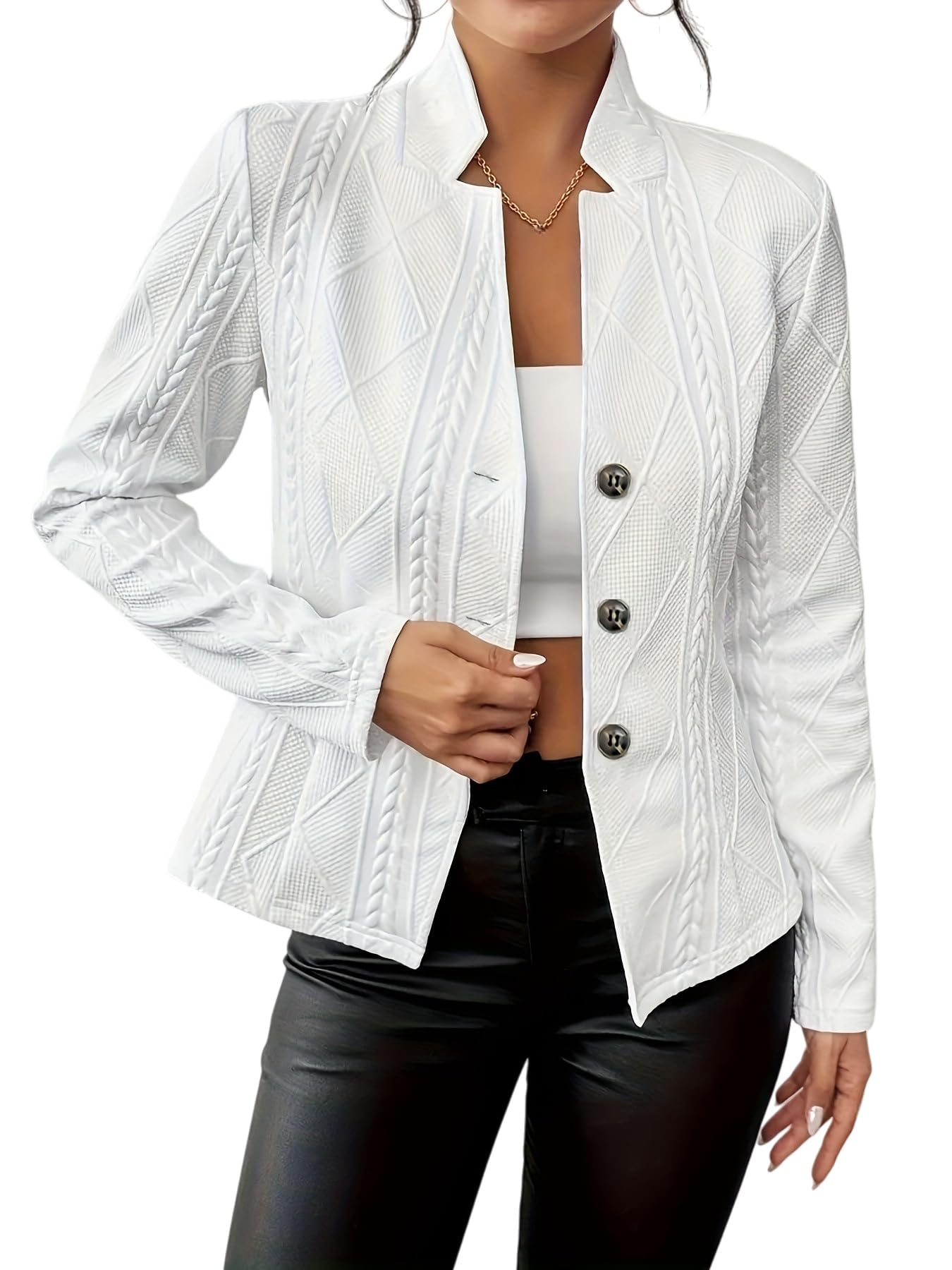 Générique Blazer Femme en Jacquard Coupe Classique Col Montant Manches Longues Idéal pour Le Travail Ou Le Bureau.