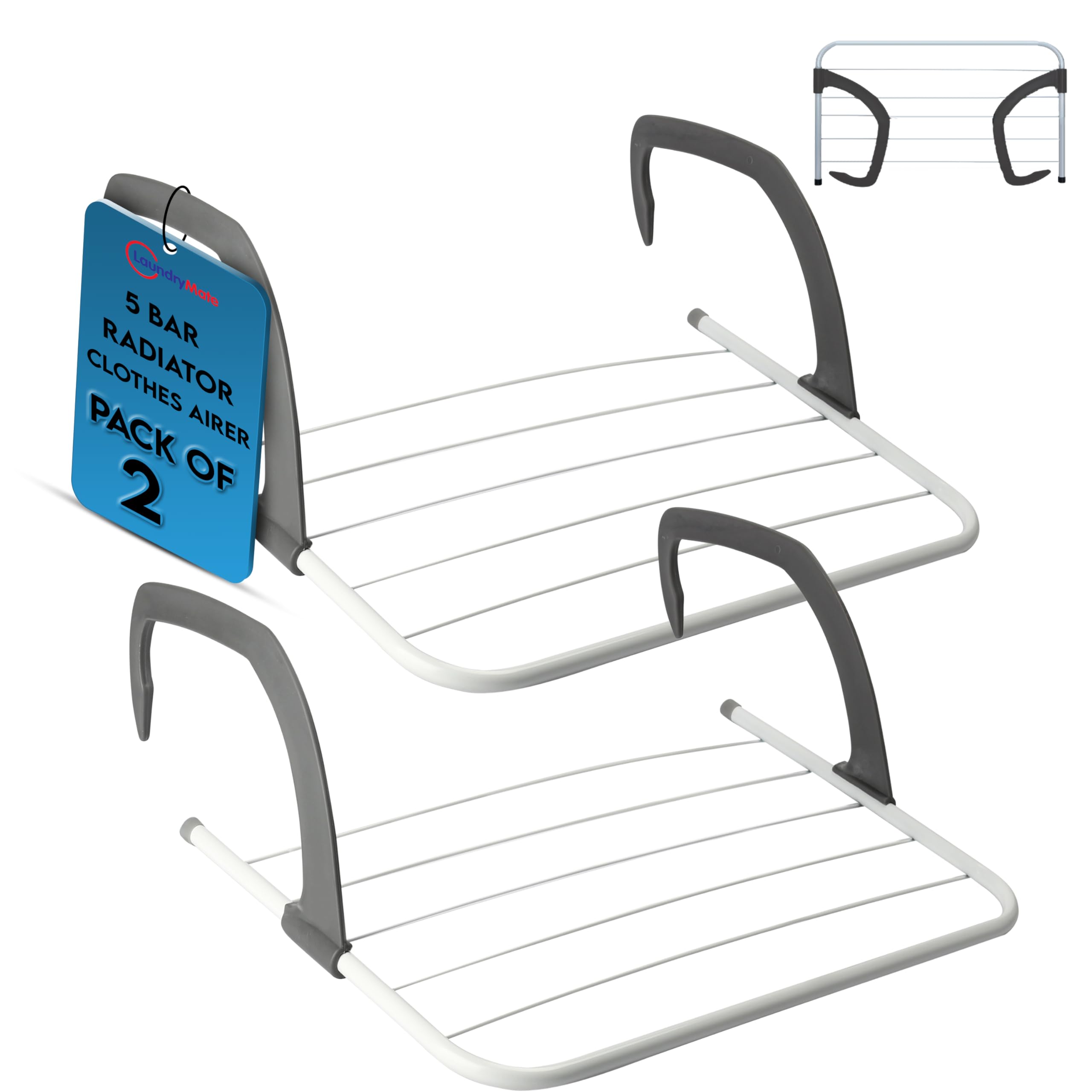Laundry Mate Radiator Airer 5 Bars – Over Door Clothes Airer 2Pack Adjustable Folding Radiator Drying Rack for Towels & Laundry, Space Saving Cloth Drying Rack for Radiators, Doors & Baths