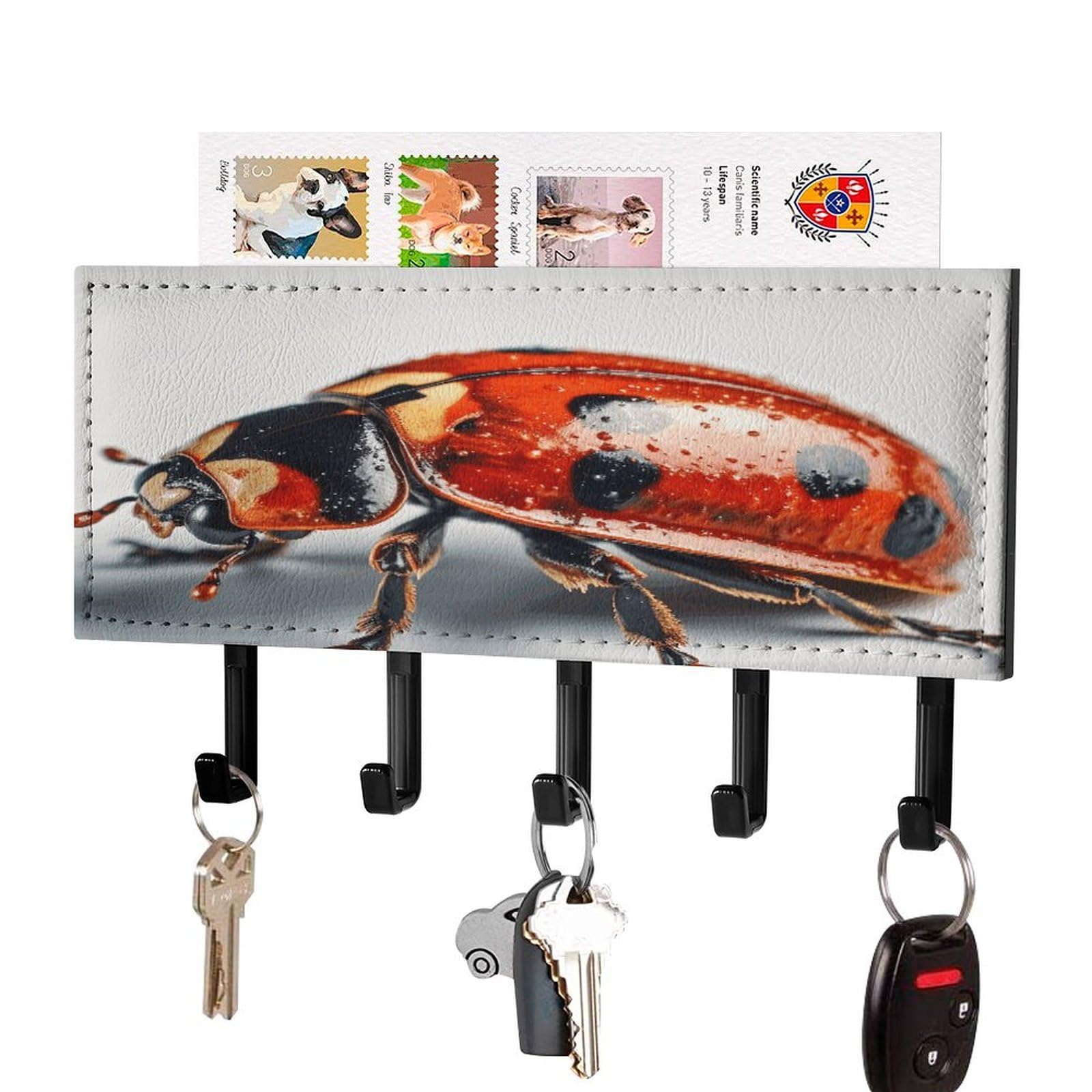 Ladybug on White Background Key Holder Wall Mount Key And Mail Holder Key Hanger with 5 Hooks Decorative PU Key Rack Hanging Key Hooks for Wall Living Room Kitchen Bathroom Hallway Black-style