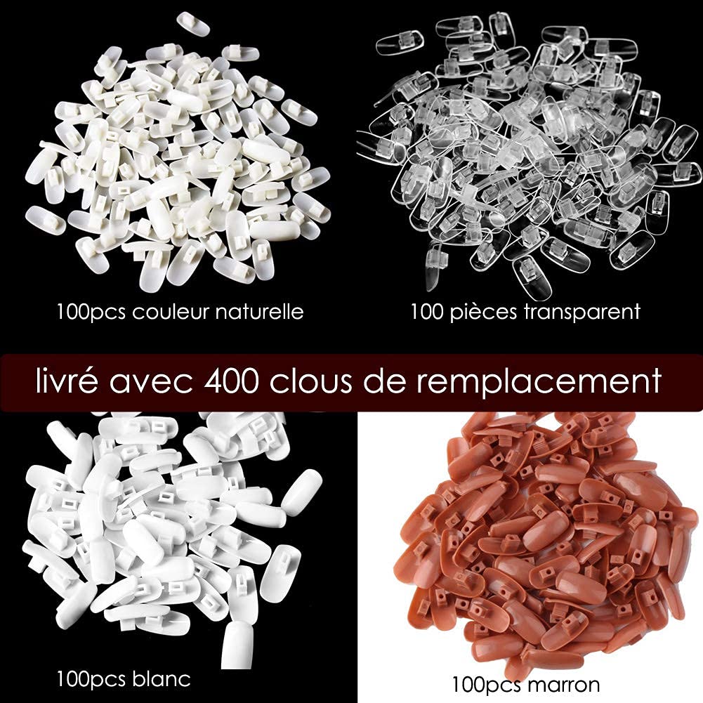 Pratique Faux Nail Art, Mains et Doigts d'entraînement Flexible + 400 pièces Pointes d'ongles Remplaçables (Marron)
