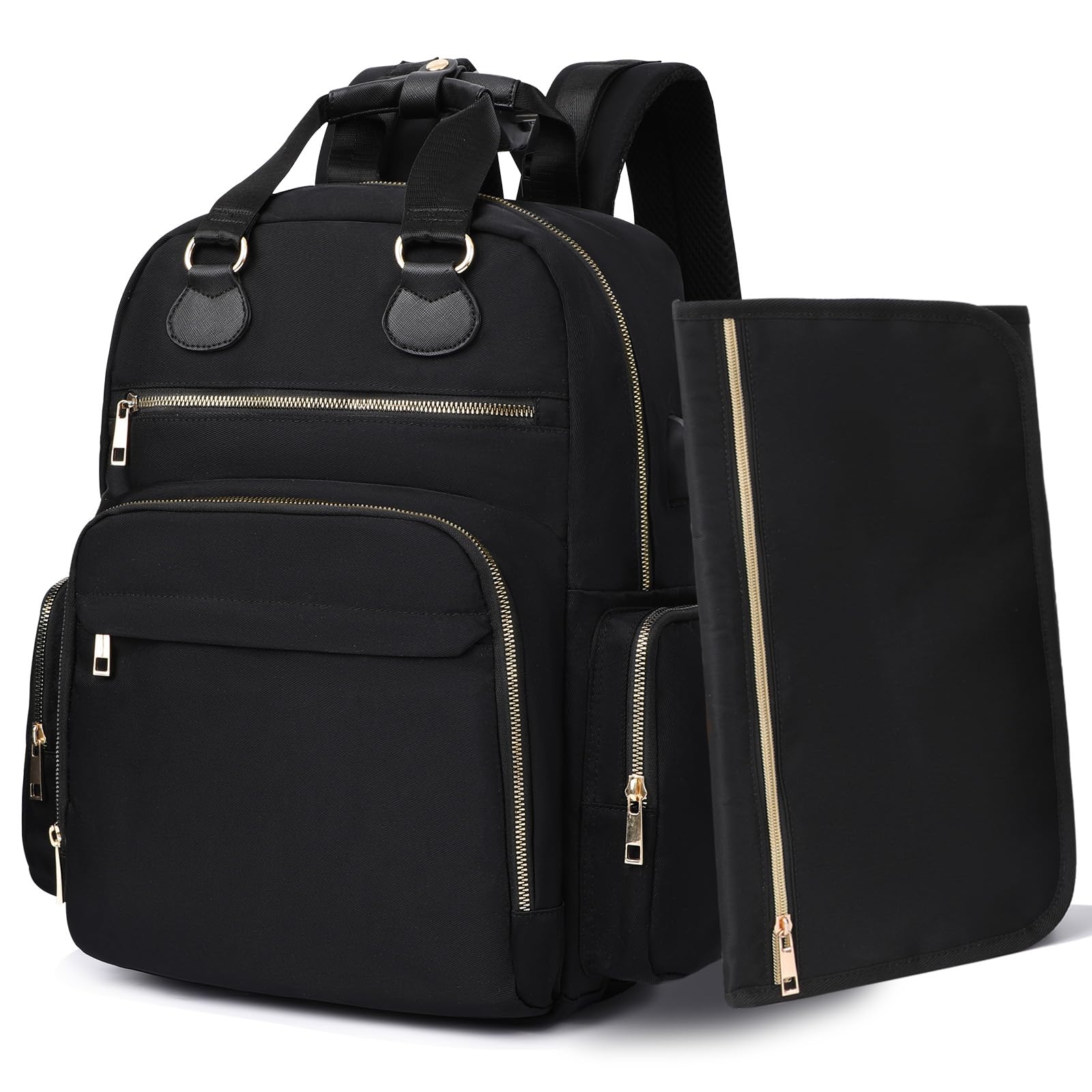 MISS FONG Wickelrucksack Wickeltasche Rucksack,Groß Babytasche Multifunktion Mama Rucksack Baby tasche mit 17 Wickeltasche Organizer, Wickelunterlage, Kinderwagen Haken für Mommy,Schwarz