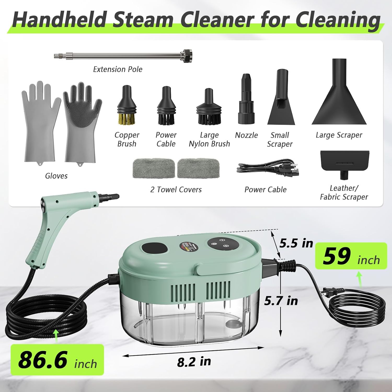 Steam Cleaner, Handheld Steam Cleaner with 6 Levels Adjustable Handle, 1.5L Water Tank, Steamer for Cleaning, Portable Steam Cleaner for Home, Car, Furniture, Couch, Bed Bugs (Green)