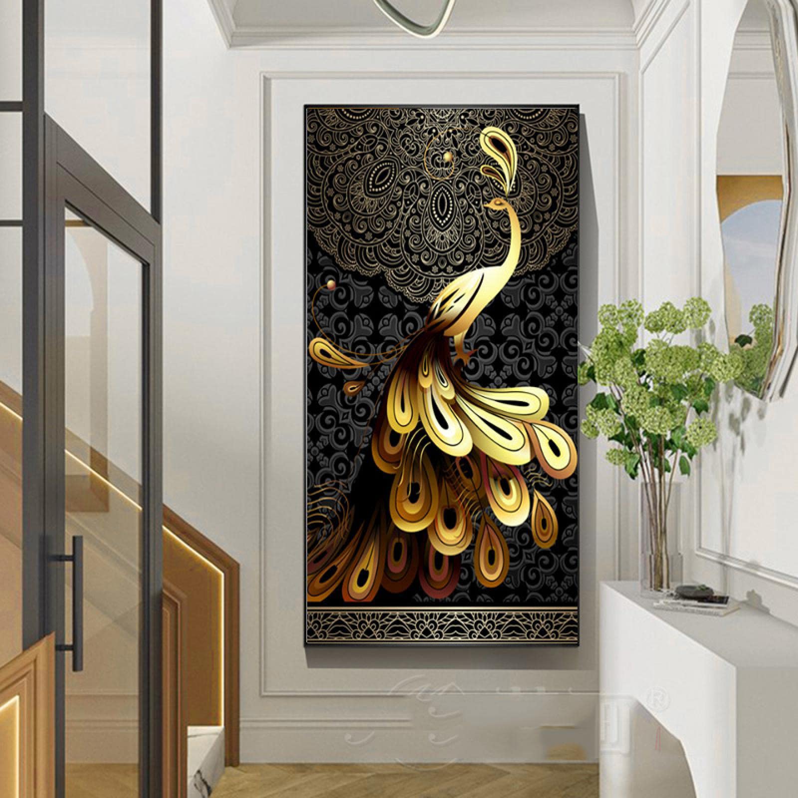 KEBIA Póster mural para la decoración de la habitación Póster sobre lienzo Pintura Oro negro Pavo real Imagen de arte de la pared Impresiones HD escandinavo 90x180cm Sin marco