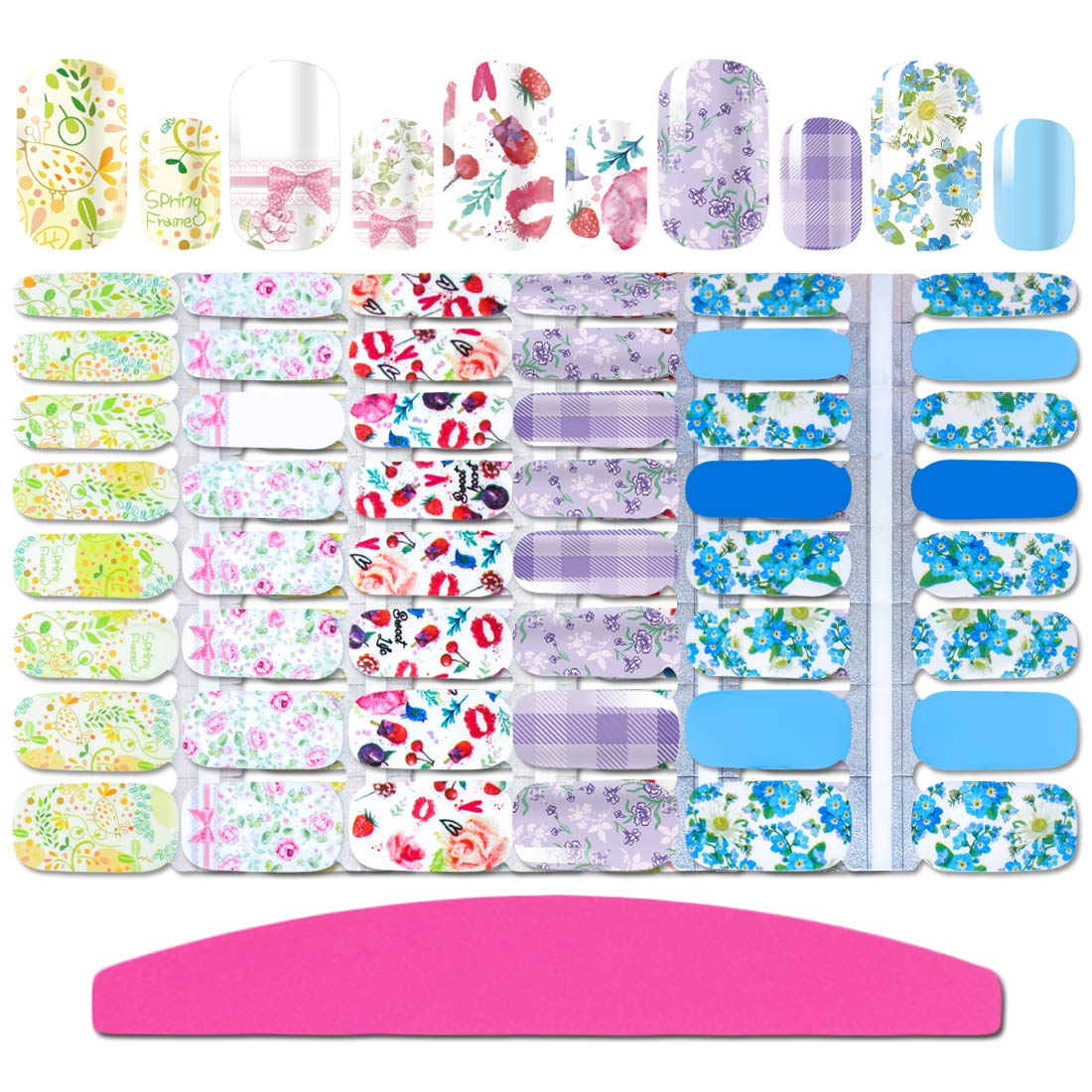 SILPECWEE 5 Sheets Nail Polish Strips Flower Adhesive Nail Polish Stickers Nail Wraps Real Nail Polish Nail Strips for Women with 1pc Nail File