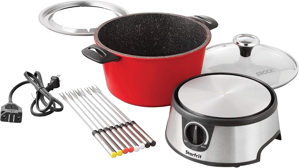 Set de fondue eléctrica Starfrit The Rock, 3L, 1500W, 13 piezas | Perfecto para queso, chocolate y estofado. Capacidad de 3 litros. Calor regulable. Antiadherente. 8 tenedores incluidos.