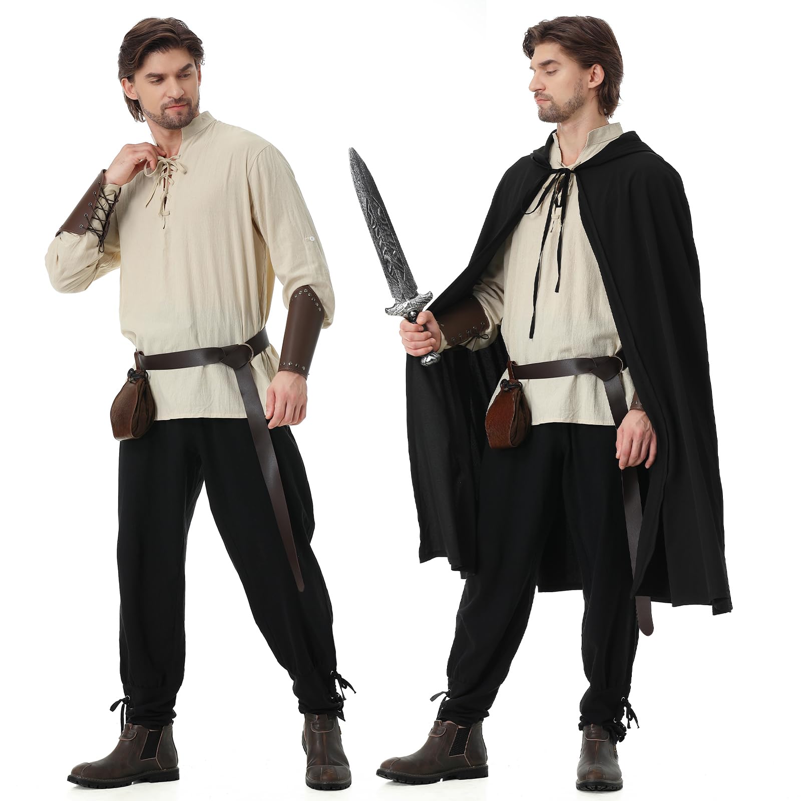 Costume Médiéval de la Renaissance pour Homme 7Pcs Costume de Viking Pirate Chemise à Lacets Pantalon avec Ceinture Protège-Poignets et Autres Accessoires