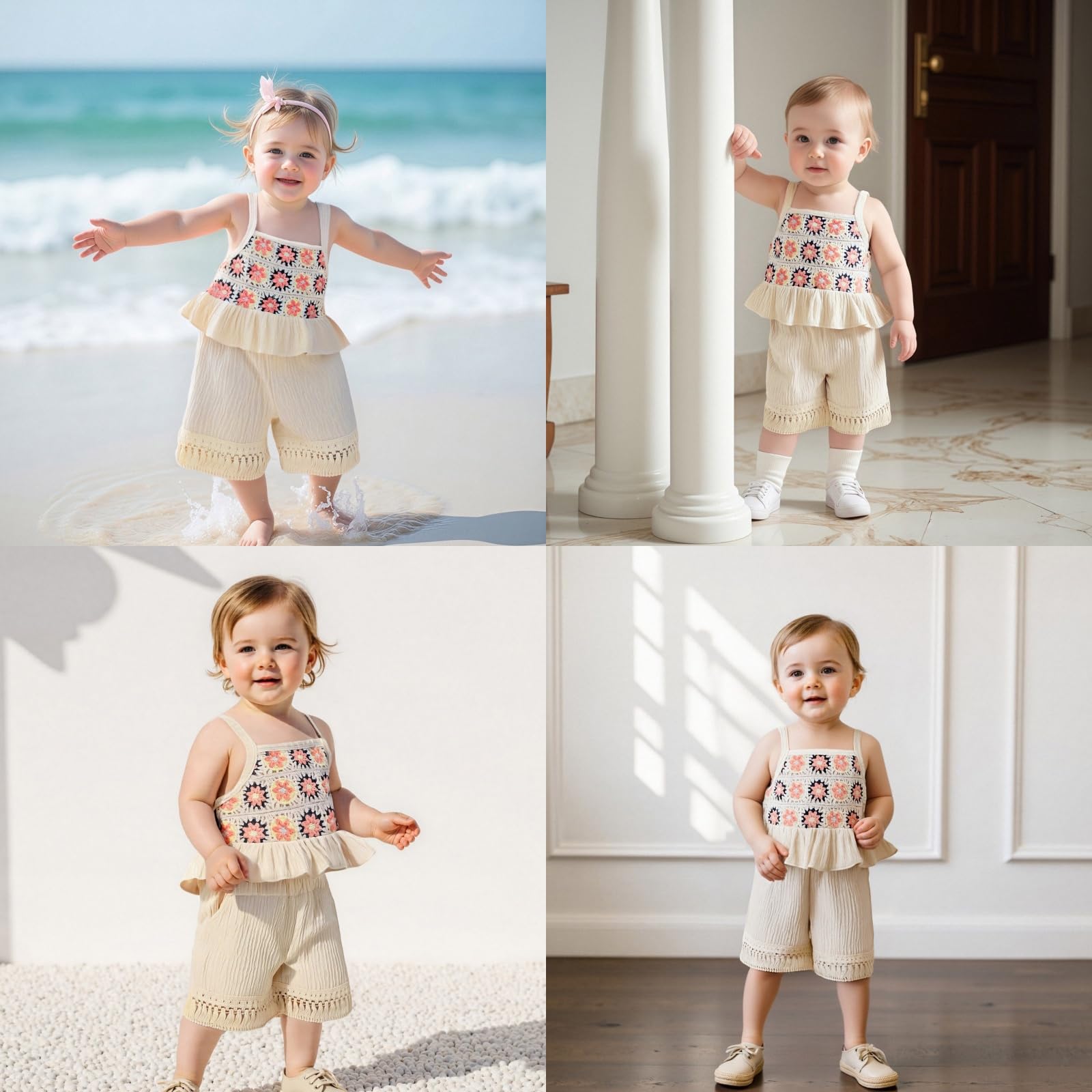 Toddler Baby Girl Crochet Outfit Floral Ruffle Camisole Tank Tops Tassels Linen Shorts Set 2Pcs Kid Boho Summer Clothes (Apricot, 12-18 Months)