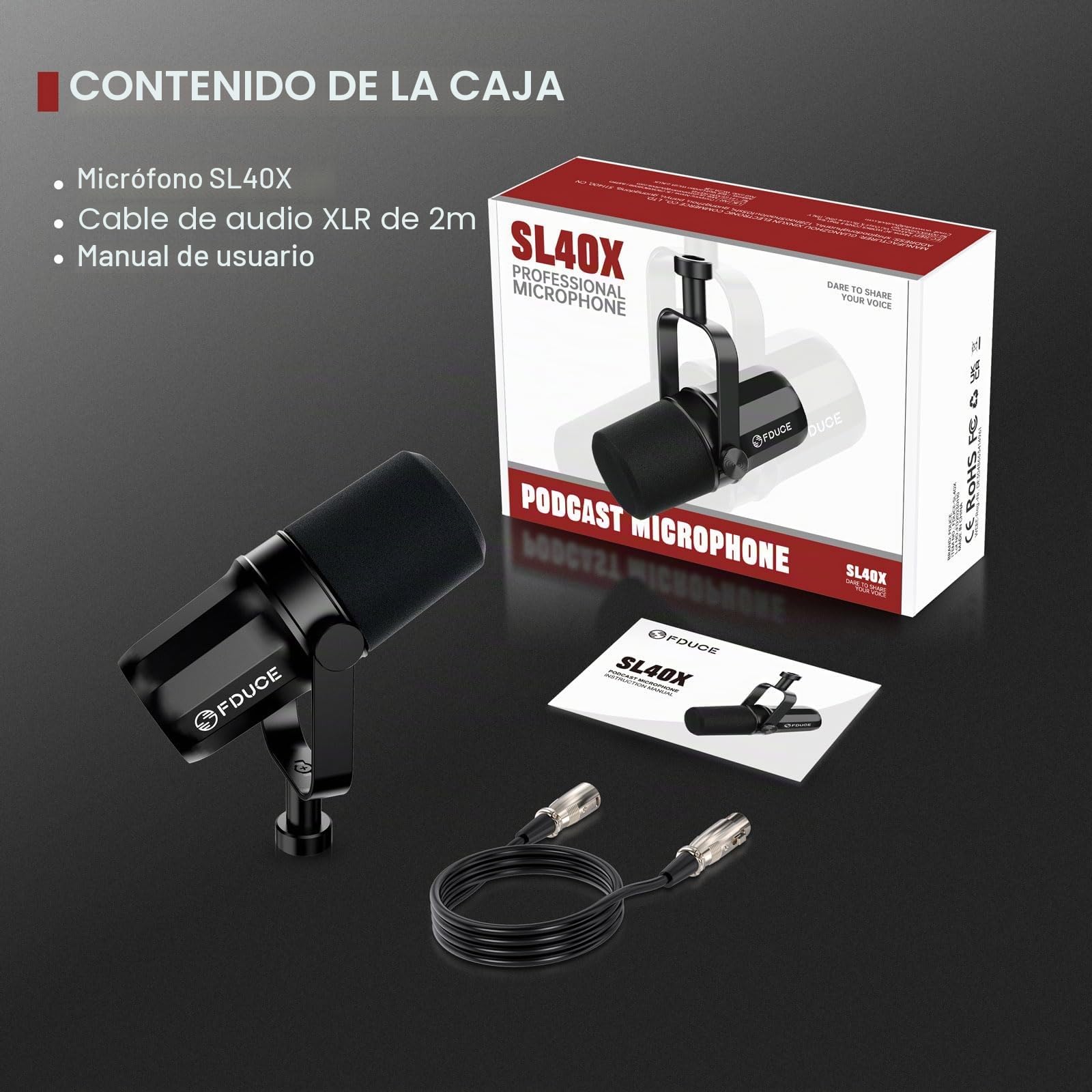 FDUCE SL40X XLR Micrófono dinámico para grabación Vocal, podcasting, Juegos, transmisión en Vivo y transmisión, micrófono cardioide Completamente metálico, tecnología de Aislamiento de Voz - Negro