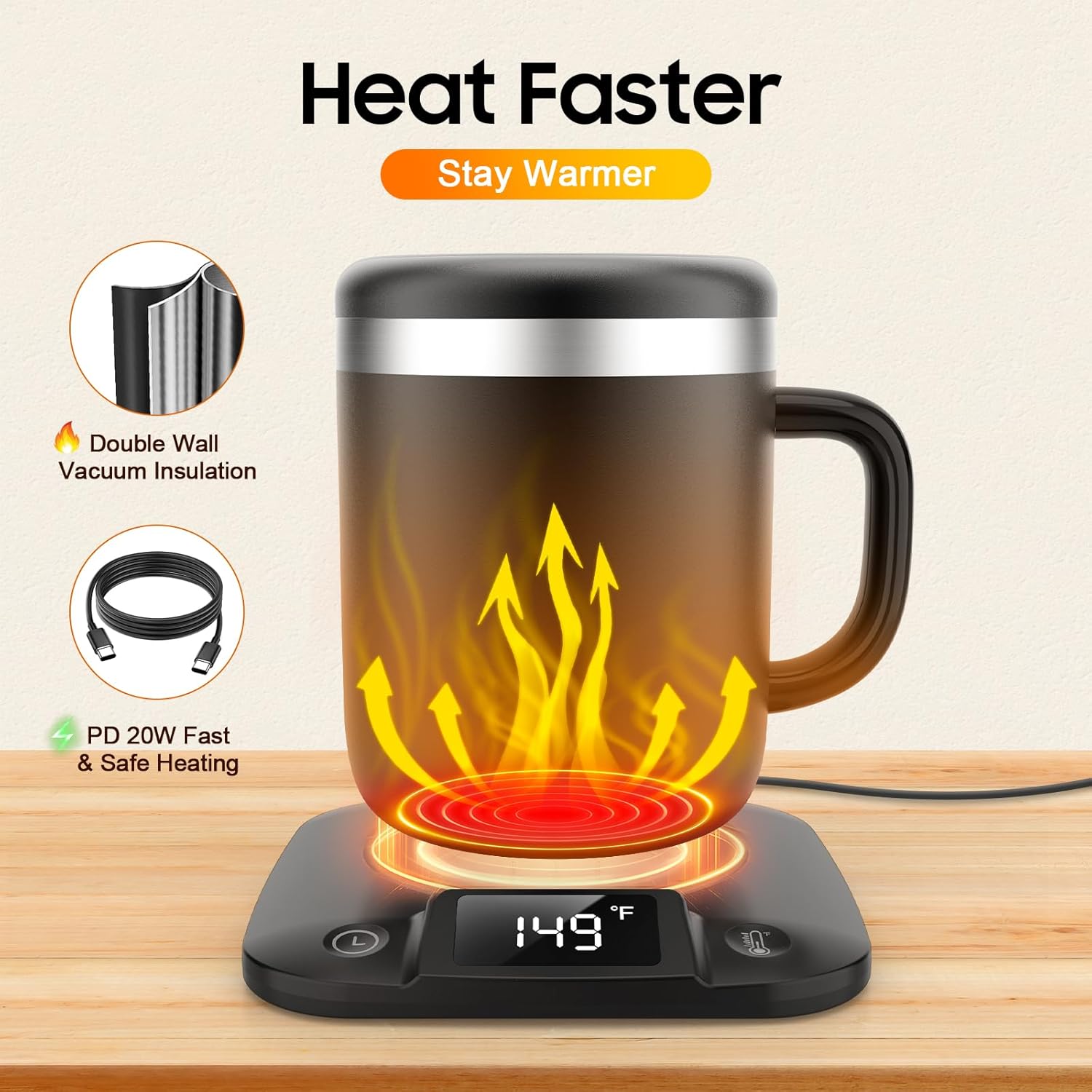 Smart Electric Heated Coffee Mug with Temperature Control, 5 Settings & Display, Auto Shut-Off, Fast Heating Warmer Set with Stainsteel Coffee Mug (17oz-Black)