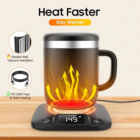 Smart Electric Heated Coffee Mug with Temperature Control, 5 Settings & Display, Auto Shut-Off, Fast Heating Warmer Set with Stainsteel Coffee Mug