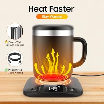 Smart Electric Heated Coffee Mug with Temperature Control, 5 Settings & Display, Auto Shut-Off, Fast Heating Warmer Set with Stainsteel Coffee Mug
