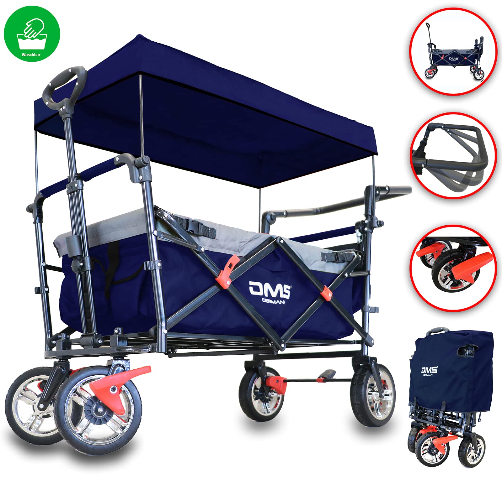 DMS BW-03B Chariot de transport pliable avec toit - Pneus en caoutchouc plein - Avec système de sonnerie pour enfants - Avec sac de transport et systèmes de freinage - Bleu