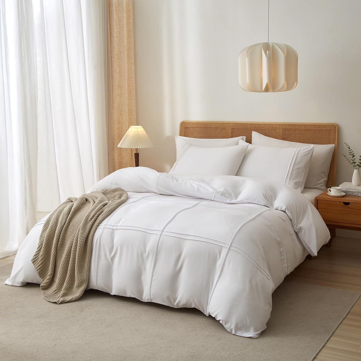 AiMay Duvet Cover Set King Size Pintuck Pleated Bedding Set 3 Pieces Textured Ultra Soft Comfy and Breathable All Season Easy Care Solid Color with Zipper Closure & Corner Ties (White, King) - Image 2