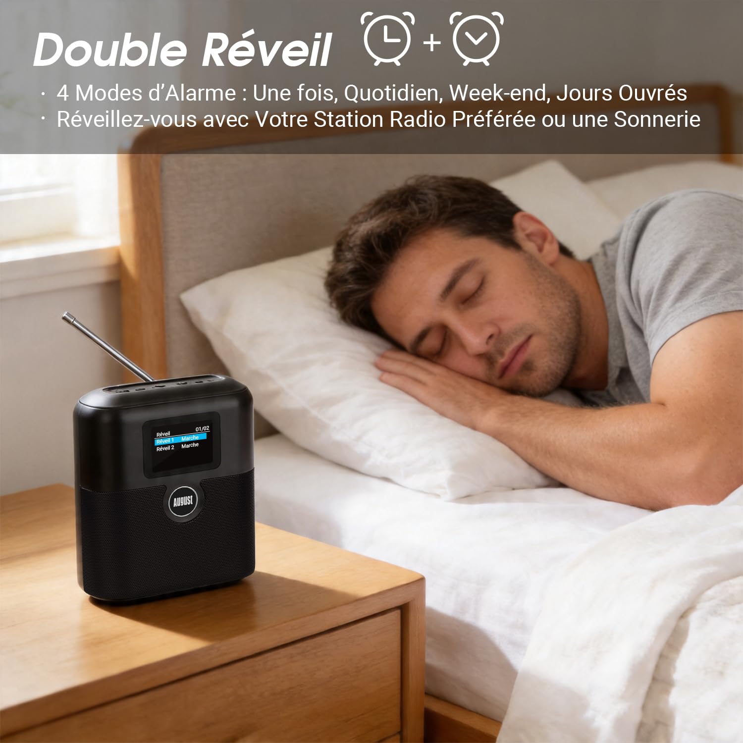August MB330 Radio Portable DAB Bluetooth - Radio Numérique DAB/DAB+/FM 60 Présélections, Double Réveil, Minuterie, Rechargeable USB-C, Entrée/Sortie Aux, Écran Couleur, EQ - Cuisine Chambre Extérieur