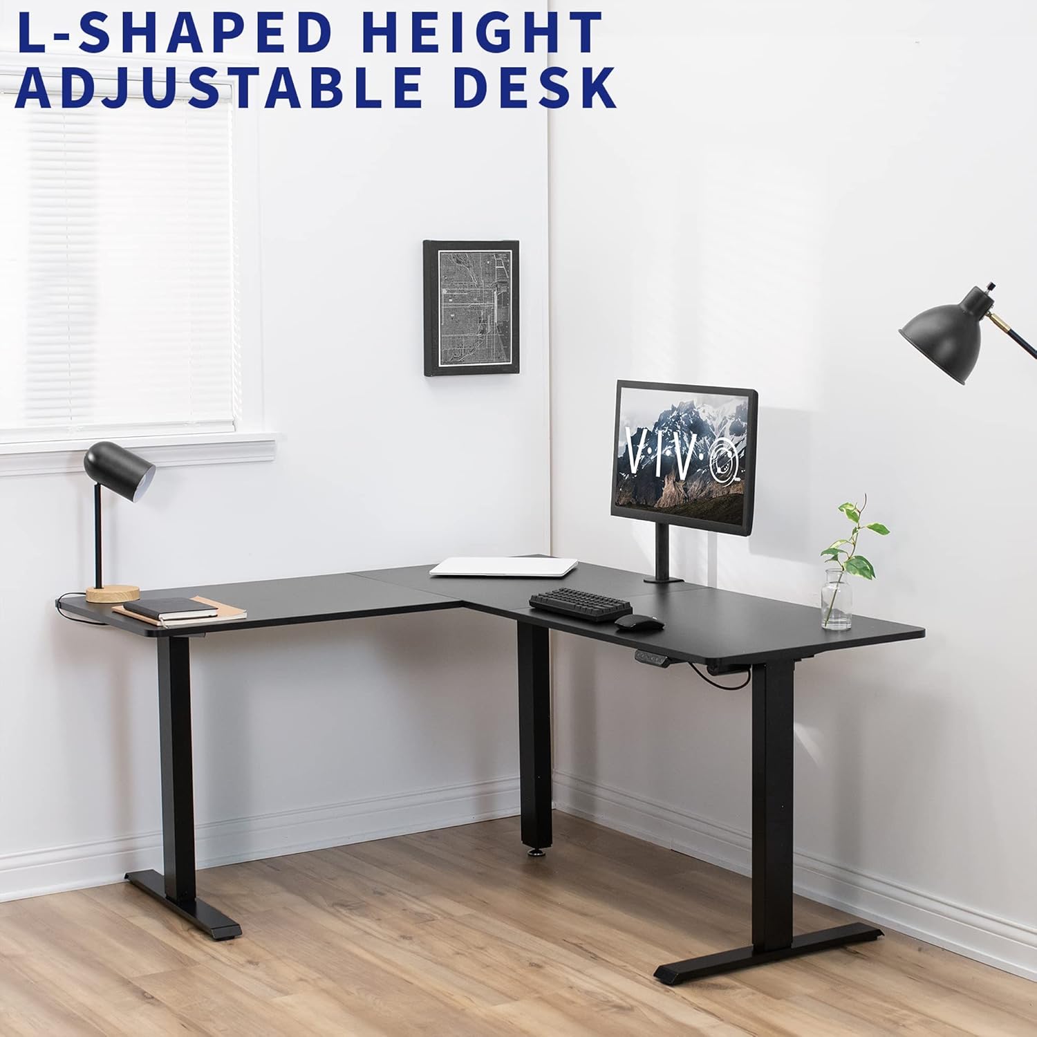 VIVO Electric Height Adjustable 63 x 55 inch Corner Stand Up Desk, Black 3 Part Table Top, Black Frame, L-Shaped Standing Workstation, DESK-E3CTB : Office Products